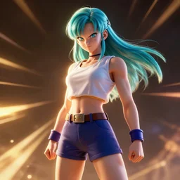 Bulma from Dragon Ball,  photo realistic, dynamic lighting, volumetric lighting