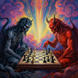 [ style ] [ sharp details ] [ gorgeous oil painting ] [ palate ] [ gothic colors ] souls playing chess in purgatory 👹, checkmate the devil, vibrant paisley neon clouds, radiant light rays, symmetrical details, sharp focus,, hyper realistic, photorealistic painting, award winning painting, volumetric lighting, renaissance style, artstation,