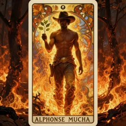 a dramatic fiery ethereal epic painting of a handsome! black cowboy offering a small plant | he is shirtless and wearing a hat and boots | background is a fiery! burnt burning forest | tarot card, art deco, art nouveau, homoerotic | by Alphonse Mucha | trending on artstation
