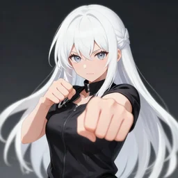 black anime manga girl, throwing punch to camera pose, white hair, french bob hair, wearing camo, purple eyes, detailed face, realistic, 4 k!!!, art station
