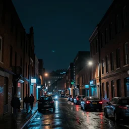 dark neon lit streetscape, brick buildings, tall, dark lighting, cars, people, tail lights, headlights, wet rainy night, top - rated, award winning, realistic, detailed lighting, detailed shadows