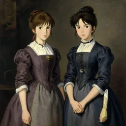 frances parthenope verney ( standing ) painted with her sister florence both in their twenties, 1 8 3 6, england, finely detailed, gapmoe grimdark, painted by greg rutkowski makoto shinkai takashi takeuchi studio ghibli, cevagraf comics