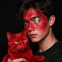 young man's face painted red on black background, white gleam of light over his eye, holding a red cat, digital art