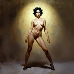 epic wide angle full body portrait of Betty Paige, by frank Frazetta