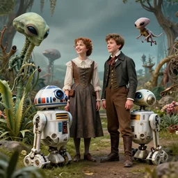 detailed, sharp, a girl and a boy standing next to some alien plants, looking happy, wearing 1850s era clothes, their droid is standing nearby while their small pet alien creature is also hovering nearby, in a park on an alien planet, steampunk, extremely highly detailed, hyperrealistic, highly detailed faces, 70 mm still from a period sci fi movie, 4k,
