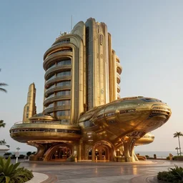 the atlantis paradise, a retro futuristic spaceship made of brass bronze gold, art deco influence, hotel style design. bioshock, starship titanic.