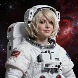 highly detailed portrait of a hopeful pretty astronaut lady with a wavy blonde hair, by David Driskell, 4k resolution, nier:automata inspired, bravely default inspired, vibrant but dreary but upflifting red, black and white color scheme!!! ((Space nebula background))