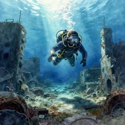 incredible underwater exploration, watercolor, harsh bloom lighting, rim light, abandoned city, paper texture, movie scene, caustics shadows, deserted shinjuku junk town, old pawn shop, bright sun bleached ground, phantom crash, dragon festival, robot monster lurks in the background