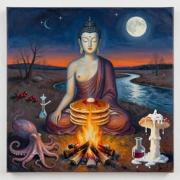 zen, buddha, sensual female painting a self - portrait, pancakes, camp fire, river, dusk, moonlight, stars, moonscape, barren landscape, berries, octopus, surgical supplies, mushrooms, scientific glassware, fungus, candle dripping white wax, berry juice drips, neoexpressionism, surrealism, acrylic and spray paint and oilstick on canvas