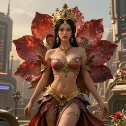 Beautiful 3d render of the flower queen goddess in a sensual pose, atmospheric lighting, painted, intricate, volumetric lighting, beautiful, rich deep colours masterpiece, golden hour, sharp focus, ultra detailed, in the style of Dan Mumford and marc simonetti, with a crowded futuristic cyberpunk city in the background, astrophotgraphy