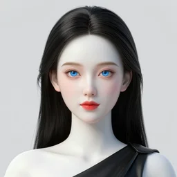 complex 3 d render, ultra detailed, realistic headshot portrait of a beautiful porcelain skin woman, oval face, black long hair, wearing black dress, detailed blue almond eyes shape, round catchlights, red lipstick, plump lips, beautiful, studio portrait, proportional, the grand sala thai