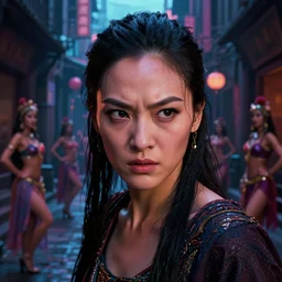 portrait of gemma chan tavern bard, intricate face, furious expression, sweat, narrow dark streets with exotic dancers, vaporwave aesthetics, 8 k uhd, unreal engine, octane render in the artstyle of finnian macmanus, john park and greg rutkowski
