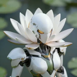 futuristic nymphaea themed mecha waterlily upper body, sepals forming helmet, highly detailed, nymphaea, 8 k hd resolution, barbatos gundam with beautiful floral inlay, bandai box art, star wars, makoto kobayashi, frank gehry, raymond swanland