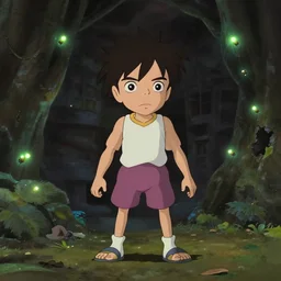 a boy in the style of the movie kubo and the two strings, a cave with glowing insects in the background