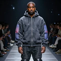 kanye west wearing futuristic cyberpunk hoodie designs in a yeezy fashion show in space