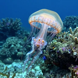underwater photograph of a human faced jellyfish on shallow waters, strange, hyper detailed, fractal, mutant, tendrils, tentacles, glowing, tropical, crystal waters, reef