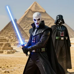 morbius. morbius. morbius holding a lightsaber. and darth vader, pyramids in background.
