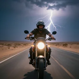 young man on a desert road on his motorcycle, driving toward camera, close - up, worms - eye - view, cinematic lightning, dramatic backlight, long lens, bokeh, masterpiece by louis klemantaski and james moy