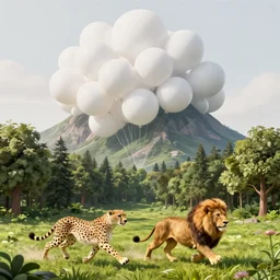 cheetah and a lion run through the forest and see a mountain of balloons , concept art, huge scale, high detail, sci fi by van gogh
