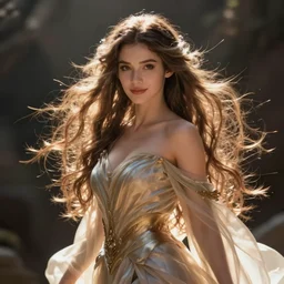 portrait of a female elven wizard in flowing sensual dress, long flowing hair, delicate, looking at camera, slightly smiling, real face, stylish, elegant, extremely detailed painting inspired by Gerald Brom, octane render, epic lighting