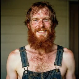 extremely skinny malnourished redneck white male with long beard, wearing dirty overalls, dirty greasy face, grin, portrait, close up, kodak gold 2 0 0, 5 0 mm