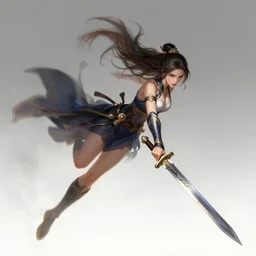 a woman flying through the air while holding onto a sword, concept art by yi inmun, featured on polycount, dau - al - set, high resolution, glorious, official art