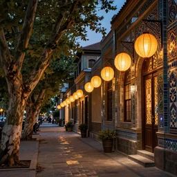 tree-lined street at twilight in a very old very beautiful city by Thomas Seddon and Nicholas Roerich, glowing paper lanterns, strong dramatic cinematic lighting , ornate tiled architecture, lost civilizations, smooth, sharp focus, extremely detailed