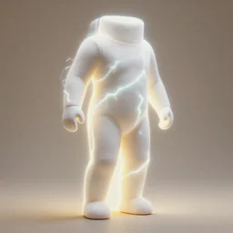 realistic photo of a a blurred fat marshmallow bodysuit, side view, empty soft glowing space, emitting electric tesla aura radiation 1 9 6 0, life magazine photo, natural colors, metropolitan museum, kodak, 8 k, very detailed, high resolution, product photo,