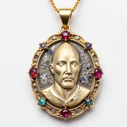 photo of jeweled pendant, embossed face of Jean-Luc Picard, rococo, intricate baroque design, gold chain, made of tourmaline, fluorite, silver, malachite inlays, product photography