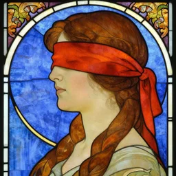 detailed side - view portrait of philippa eilhart, a blindfolded woman, red and orange blindfold, brown pigtails, stained glass art, blue background, by alphonse mucha, masterful