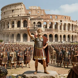 Julius Caesar speech to a perfect organized militar parade in front of the Roma’s colliseum at the kingdom of Julius Caesar, roman historic works in brand new condition, not ruins, hyper-detailed, artstation trending, world renowned artists, historic artworks society, antique renewel, good contrast, realistic color ,cgsociety, by greg rutkowski,gustave dore, Deviantart