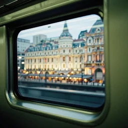 fuji 5 0 r, 3 5 mm ; closeup film still of shinkansen interior with leather seat side window view like ; in the background projection of beautiful hyperrealistic wide lens film still from ronin ( 1 9 9 0 ) negresco promenade scene, in style of 1 9 9 0 frontier in porcelain 3 5 mm photography magazine architectural studio edition, highly detailed, cinematic lighting, 8 k