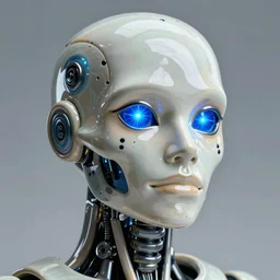 angled facial full-head portrait of a cyberpunk bone ceramic caliente humanoid robot Spanish with an attractive face and handsome features, large blue laser eyes, macho, piroca, dotado, guapo, reflective surface, trending on cgsociety, trending on artstation