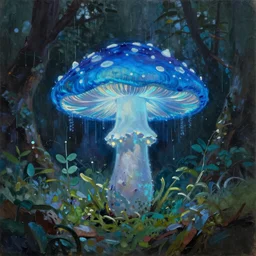 A huge glowing blue mushroom inside a rainforest, oil painting