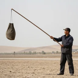 a man holding a long stick with a bag attached at the end,