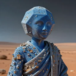 surreal blueish monk, dodecahedron as head, amazing details, hyperrealistic photograph, octane made of billions of intricate small houses, godlike, bokeh, photography on mars, cinematic lighting