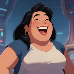 laughing heavy - set filipina woman character portrait, by don bluth, sci - fi environment, highly detailed, dynamic shadows, 4 k, wallpaper - 1 0 2 4