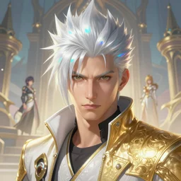 portrait of a man with futuristic haircut, final fantasy, league of legends champion, strong iridescent light, by chengwei pan and sakimichan and greg rutkowski and alphonse mucha, gradient white to gold, in front of a magical building background, highly detailed portrait, digital painting, smooth, focus illustration