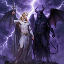 Duality of God and Satan, Greg Rutkowski, lightning filled sky