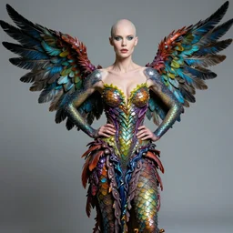 a portrait photograph of a bald strong elle fanning as a colorful harpy super hero with slimy scaled skin. she is trying on a amphibian organic dress and transforming into a feathered beast. by tom bagshaw, donato giancola, hans holbein, walton ford, gaston bussiere, peter mohrbacher and brian froud. 8 k, cgsociety