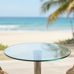 beautiful glass table with a blurred beautiful beach view in the background
