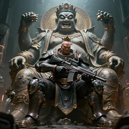 the king of dystopian cyberpunk hell armed with a pulse rifle, enormous neo-buddhist statue of an angry Deva, id engine 4