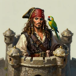 captain pirate with a parrot on the showder. from the top of a stone fort. intricate, elegant, highly detailed, digital painting, artstation, concept art, sharp focus, illustration, by justin gerard and artgerm, 8 k