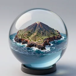 beautiful photograph of a detailed miniature model of tenerife island inside a thin glass ball. island. sea, small waves. stock photo. dof. studio lighting. reflections. teide. maquette. tilt shift. ue 5, octane render, vray, trending on artstation, cgsociety, cgpeers, ilm, vfx, centered. by emmanuel lubezki, mucha
