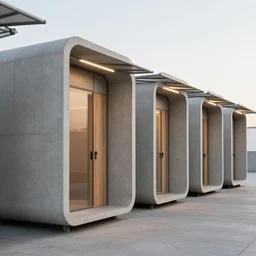 a series of 4 standalone modern sea ranch style concrete cabins with rounded corners, cement cabins with beveled edges, tubes of light pass between the layers of the canopy. architectural rendering, perspective image, photorealistic lighting.