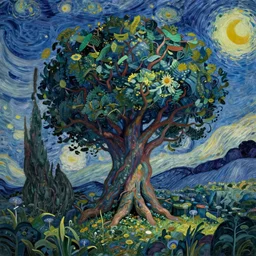 giant space tree in the middle of an enchanted forest, Van Gogh art style, detailed,