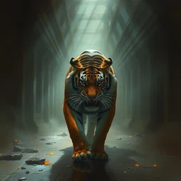 fierce tiger walks through hallowed halls, atmospheric lighting, dramatic, intricate painting by greg rutkowski, ruan jia, tom bagshaw