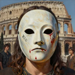 A mixed media portrait painting of a man wearing the mask of damocles, detailed mask, blood droplets, detailed jaw and eyes, by Frank Frazetta, Boris Vallejo, Greg Rutkowski, Beeple, Yoko Taro, Christian MacNevin, epic fantasy character art, roman numerals, high fantasy, CGsociety, full length, exquisite detail, post-processing, masterpiece, cinematic, coliseum backdrop
