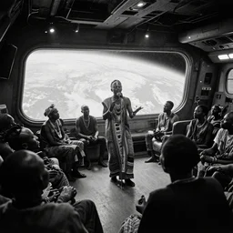 a analogue photo of an African tribal dj performing on a spaceship, earth seen from window, black & white, wide angle, grungy