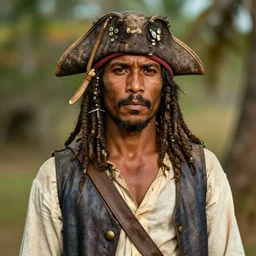 an award winning outdoors portrait photo of a brown, brown skin dark skin tanned dirty rugged caterina murino wearing pirate vest as a 1 7 0 0 s dirty caribbean olive tanned pirate with black silk hair, slightly big nose defined jaw, very beautiful, smug face, blue eyes, wearing a vest and short coat, sunset, movie color graded